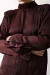 Bordo Dik Yaka Omuzları Vatkalı Drape Detaylı Saten Bluz BCRY-261277