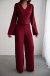 Bordo Geniş Kol Düğme Detaylı Yakalı Bluz Ve Palazzo Pantolon Alt Üst Takım BCHN-2626136