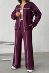 Bordo Yumuşak Dokulu Biyeli Palazzo Pantolon Ve Fermuarlı Sweatshirt Takım BCHN-25261024