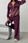 Bordo Yumuşak Dokulu Garnili Kapüşonlu Sweatshirt Ve Pantolon Alt Üst Takım BCHN-25261023