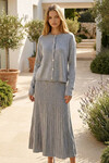 Gri Bisiklet Yaka Düğmeli Hırka Ve Pliseli Midi Boy Etek Takım BCHPK-251252