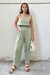 Haki Müslin Beli Lastikli Cepli Salaş Pantolon
