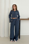 İndigo Düğme Detaylı Bluz Ve Salaş Pantolon Alt Üst Örme Kumaş Takım BCHN-254000