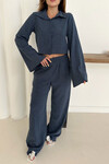 İndigo Düğme Detaylı Bluz Ve Salaş Pantolon Alt Üst Örme Kumaş Takım BCHN-254000
