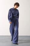 İndigo Pileli Çift Cepli Kemerli Palazzo Pantolon BCRY-261283