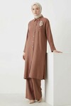 Koyu Kahve Nakış Detaylı Tensel Tesettür Alt Üst Takım