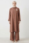 Koyu Kahve Nakış Detaylı Tensel Tesettür Alt Üst Takım
