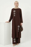 Koyu Kahve Nakışlı Viskon Kumaş Tesettür Alt Üst Takım 