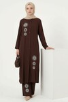 Koyu Kahve Nakışlı Viskon Kumaş Tesettür Alt Üst Takım 