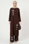 Koyu Kahve Nakışlı Viskon Kumaş Tesettür Alt Üst Takım 