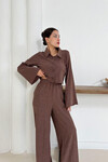 Kahverengi Düğme Detaylı Bluz Ve Salaş Pantolon Alt Üst Örme Kumaş Takım BCHN-254000