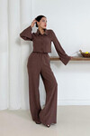 Kahverengi Düğme Detaylı Bluz Ve Salaş Pantolon Alt Üst Örme Kumaş Takım BCHN-254000