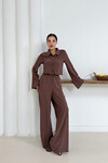 Kahverengi Düğme Detaylı Bluz Ve Salaş Pantolon Alt Üst Örme Kumaş Takım BCHN-254000