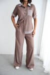 Kahverengi File Detaylı Tensel Kot Kumaş Gömlek Ve Pantolon Alt Üst Takım BCHN-2626109