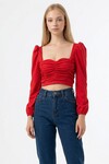Kırmızı Kare Yaka Önü Drapeli Prenses Kol Crop Bluz