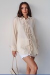 Krem Düğme Detaylı Bağlamalı Müslin Gömlek BCRU-261295