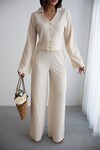 Krem Geniş Kol Düğme Detaylı Yakalı Bluz Ve Palazzo Pantolon Alt Üst Takım BCHN-2626136