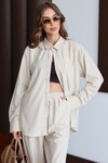 Krem Oversize Düğmeli Cepli Rahat Kesim Dokulu Uzun Kollu Gömlek BCRU-261311