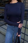 Lacivert Bisiklet Yaka Parmak Detaylı Ultra Soft Kumaş Bluz BCDF-25B0001