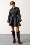 Lacivert Gömlek Yaka Geniş Manşetli Bağlama Detayli Mini Dokuma Elbise BCRY-261279