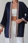 Lacivert Nakış Detaylı Keten Kimono BCRU-261303