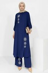 Lacivert Nakışlı Viskon Kumaş Tesettür Alt Üst Takım 