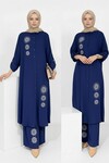 Lacivert Nakışlı Viskon Kumaş Tesettür Alt Üst Takım 