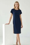 Lacivert Yanları Beyaz Şeritli Modal Kumaş Elbise