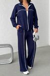 Lacivert Yumuşak Dokulu Biyeli Palazzo Pantolon Ve Fermuarlı Sweatshirt Takım BCHN-25261024