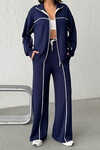Lacivert Yumuşak Dokulu Biyeli Palazzo Pantolon Ve Fermuarlı Sweatshirt Takım BCHN-25261024