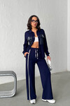 Lacivert Yumuşak Dokulu Biyeli Palazzo Pantolon Ve Garnili Gömlek Alt Üst Takım BCHN-25261025