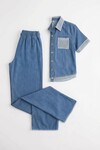 Mavi File Detaylı Tensel Kot Kumaş Gömlek Ve Pantolon Alt Üst Takım BCHN-2626109