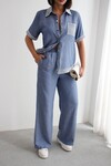 Mavi File Detaylı Tensel Kot Kumaş Gömlek Ve Pantolon Alt Üst Takım BCHN-2626109