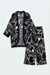 Siyah Baskılı Kimono Ve Pantolon Dokuma Viscon Alt Üst Takım