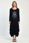 Siyah Çift Cepli Uzun Kol Nakış İşlemeli Püsküllü Uzun Boy Elbise