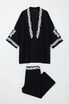 Siyah Nakış İşlemeli Alt Üst Kimono Pantolon Takım