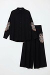 Siyah Nakış İşlemeli Gömlek Ve Pantolon Dokuma Alt Üst Takım