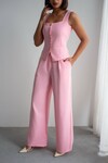Pembe Brit Detaylı Kare Yaka Crep Bluz Ve Pantolon Alt Üst Takım BCHN-2626844