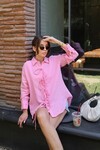Pembe Düğme Detaylı Bağlamalı Müslin Gömlek BCRU-261295