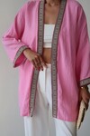 Pembe Nakış Detaylı Keten Kimono BCRU-261303