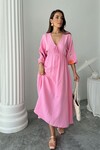 Pembe V Yaka Balon Kol Bağcıklı Astarlı Uzun Elbise BCRU-261299
