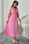 Pembe V Yaka Balon Kol Bağcıklı Astarlı Uzun Elbise BCRU-261299