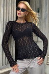 Siyah Bisiklet Yaka Pens Detaylı Tül Bluz BCHZCK-251263