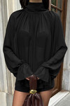 Siyah Dik Yaka Pelerin Kesim Prenses Kol Şifon Bluz BCHWS-251255