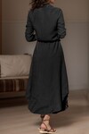 Siyah Keten Beli Büzgülü Hasır Kemerli Gömlek Elbise