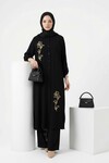 Siyah Nakışlı Viskon Kumaş Tesettür Alt Üst Takım 