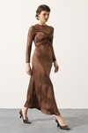 Tarçın Kahve Dantel Detaylı Fermuarlı Saten Maxi Boy Elbise BCRY-261278