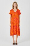 Turuncu Desenli V Yaka Kısa Kollu Midi Boy Elbise