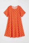 Turuncu U Yaka Kısa Kollu Midi Boy Desenli Elbise