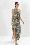 Yeşil Askılı Yırtmaçlı Uzun Elbise